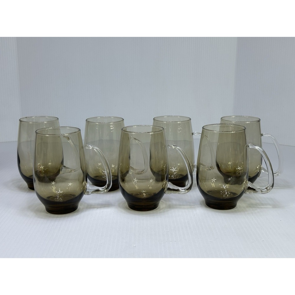 7 Libbey Smokey Clear D Handle Mug 1960's Smoke Tankard Glass Libby Tempo  MCM